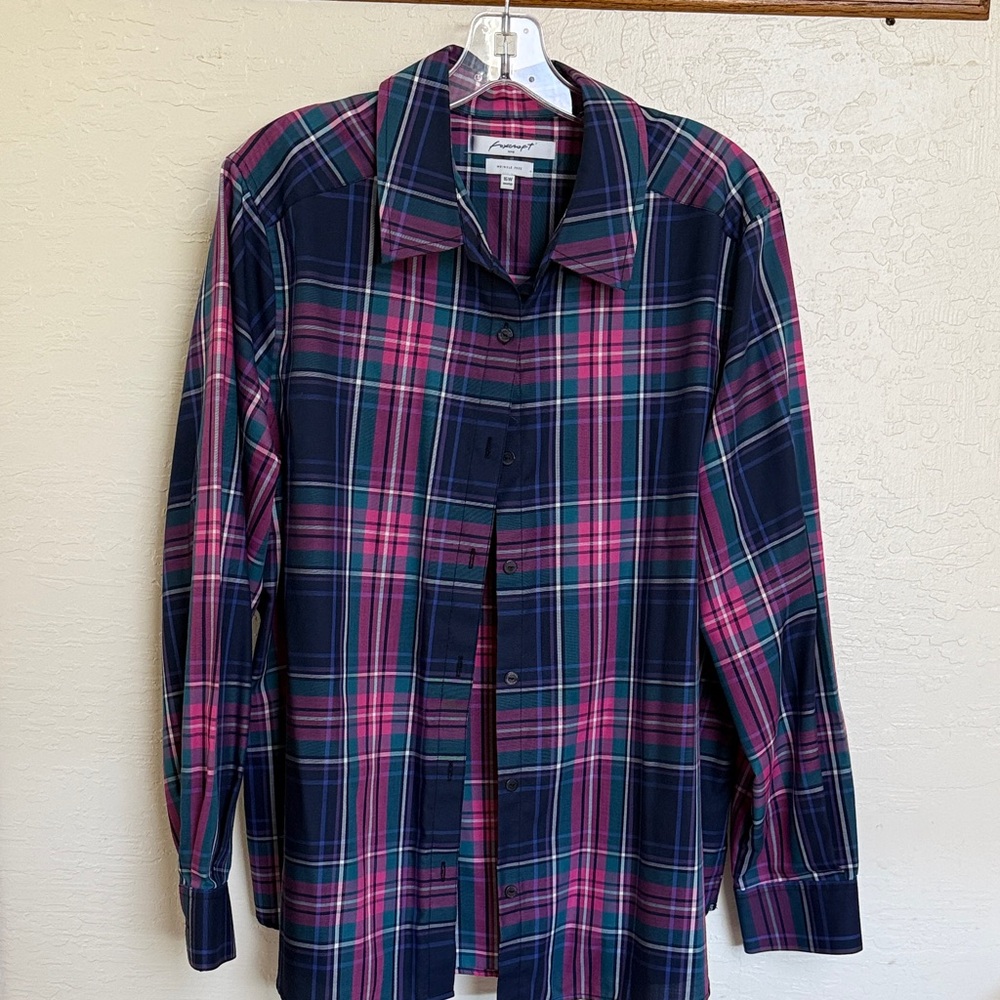Foxcroft Navy and Pink Plaid Button-Front Blouse Wrinkle Free 16W Shaped XL
